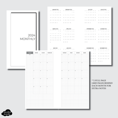 Personal Rings Size | 2024 Monthly GRID (MONDAY START) with full page GRID Pages Printable Insert
