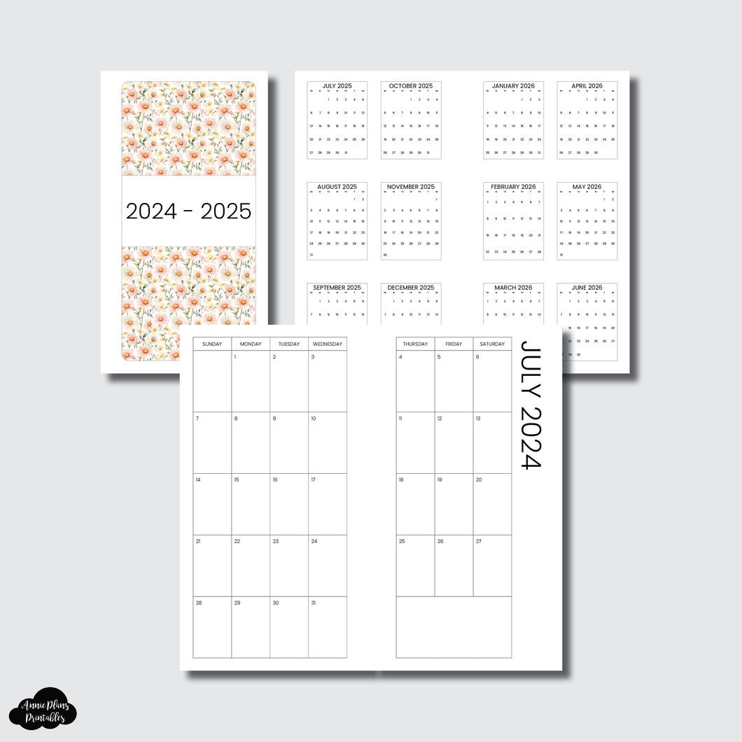 A6 TN Size | 2024 - 2025 SIMPLE FONT Academic Monthly Calendar (SUNDAY Start) PRINTABLE INSERT