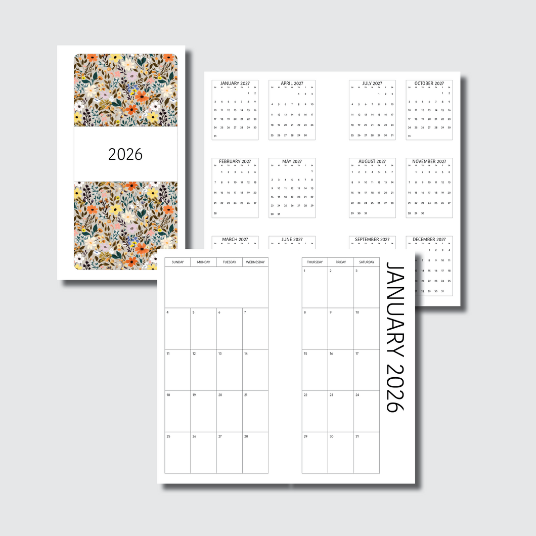 A6 TN Size | 2026 SIMPLE FONT Monthly Calendar (SUNDAY Start) PRINTABLE INSERT