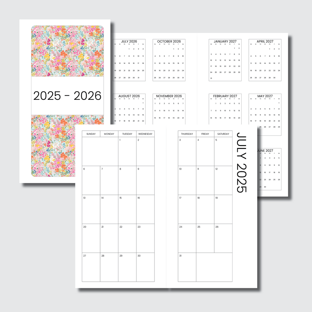 Standard TN Size | 2025 - 2026 SIMPLE FONT Academic Monthly Calendar (SUNDAY Start) PRINTABLE INSERT