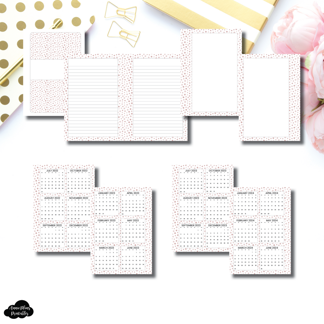 A6 Rings Size | Pink Starburst 3 in 1: 2022 - 2024 Academic Yearly Overviews + Sticky Note Dashboard + Lined Printable Insert