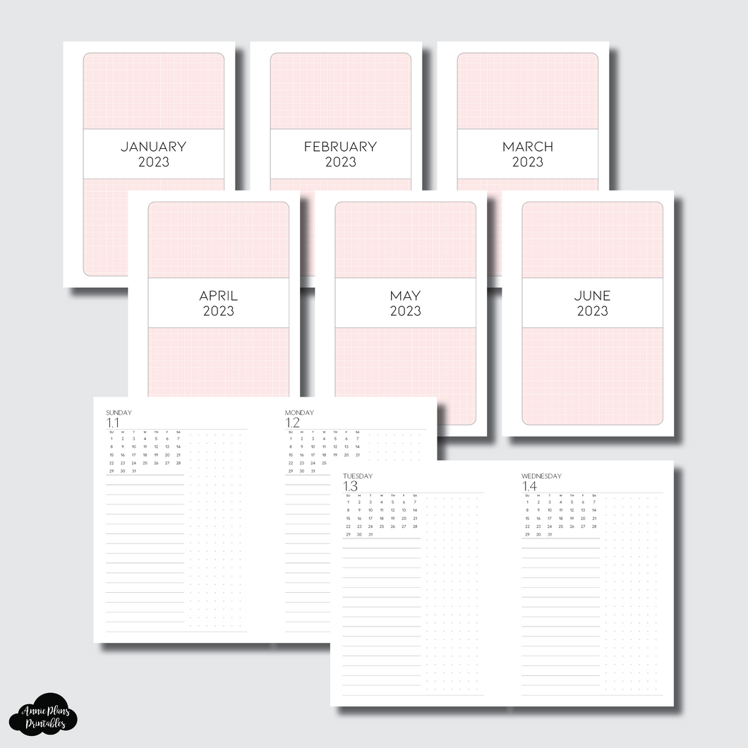 A6 Rings Size | 2023 JAN-JUN Full Month Daily DOT GRID COLUMN + CALENDAR Printable Insert