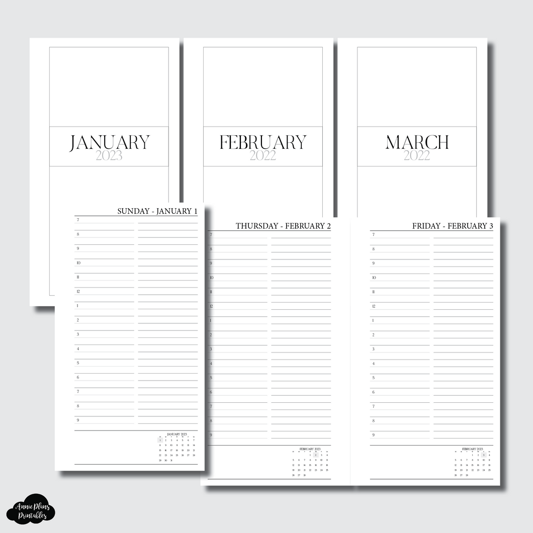 Personal Rings Size | JAN - MAR 2023 LINED (TIMED) Daily Layout Printable Insert