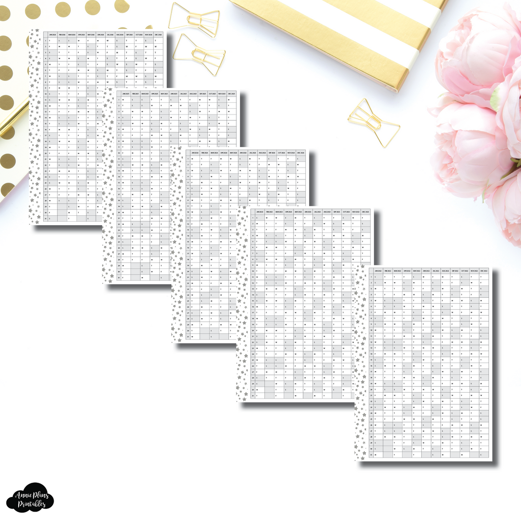A5 Wide Rings Size | 2022 - 2026 Star Border Single Page Year at a Glance Printable Insert