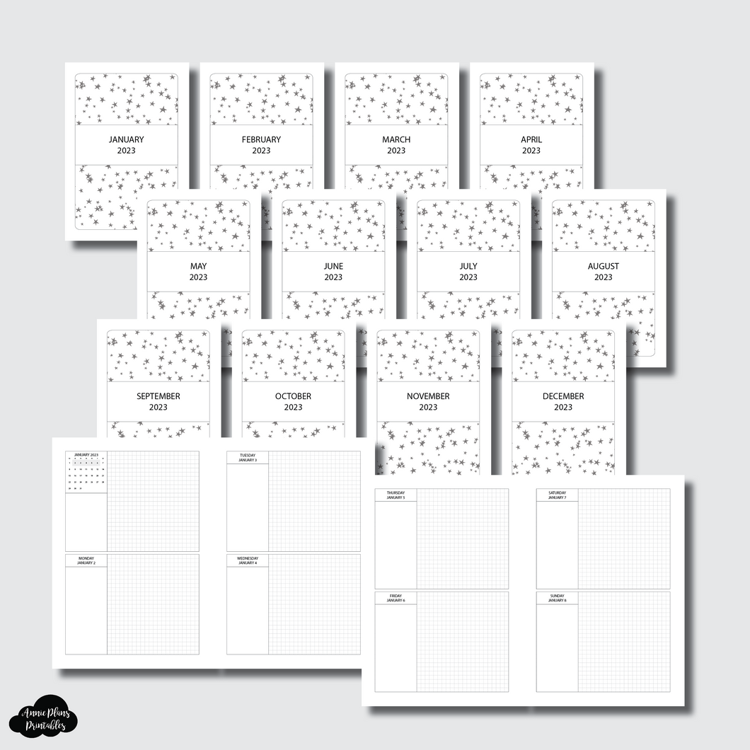 A5 Rings Size | JAN - DEC 2023 GRID Week on 4 Pages Printable Insert
