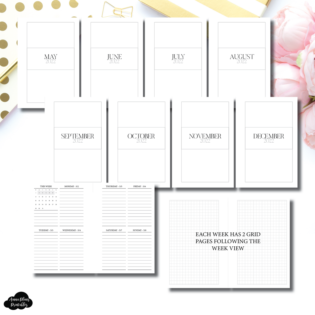 Pocket Rings Size | MAY - AUGUST 2022 Week on 4 Page with GRID Pages Layout Printable Insert