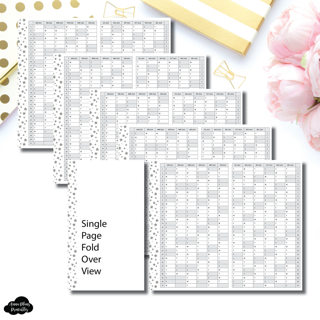 B6 Rings Size | 2022 - 2026 Star Border Single Page Year at a Glance Printable Insert