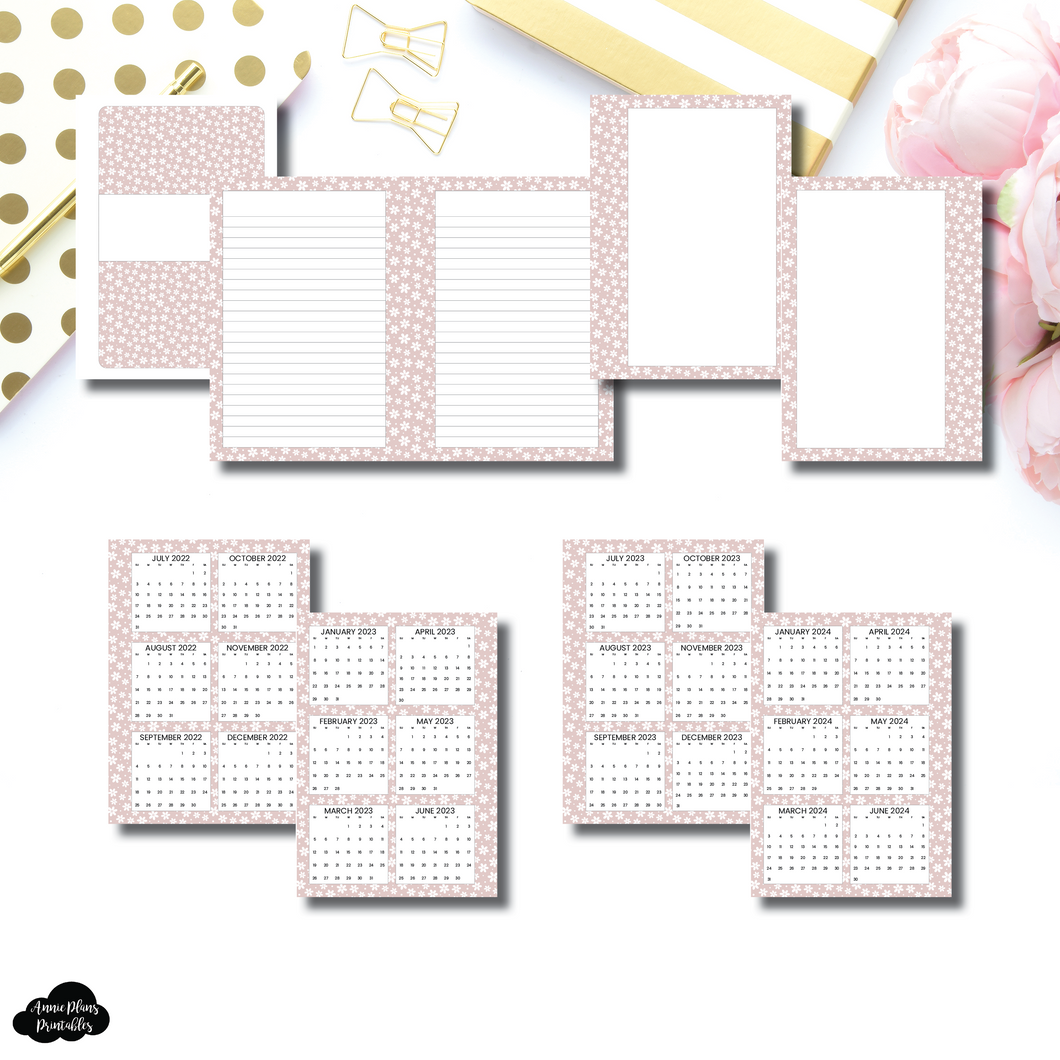 A6 Rings Size | Cute Blooms 3 in 1: 2022 - 2024 Academic Yearly Overviews + Sticky Note Dashboard + Lined Printable Insert