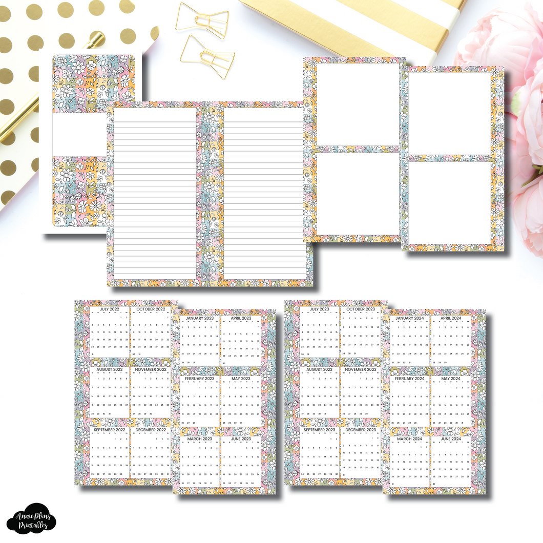 Personal Rings Size | Floral Rainbow Plaid 3 in 1: 2022 - 2024 Academic Yearly Overviews + Sticky Note Dashboard + Lined Printable Insert