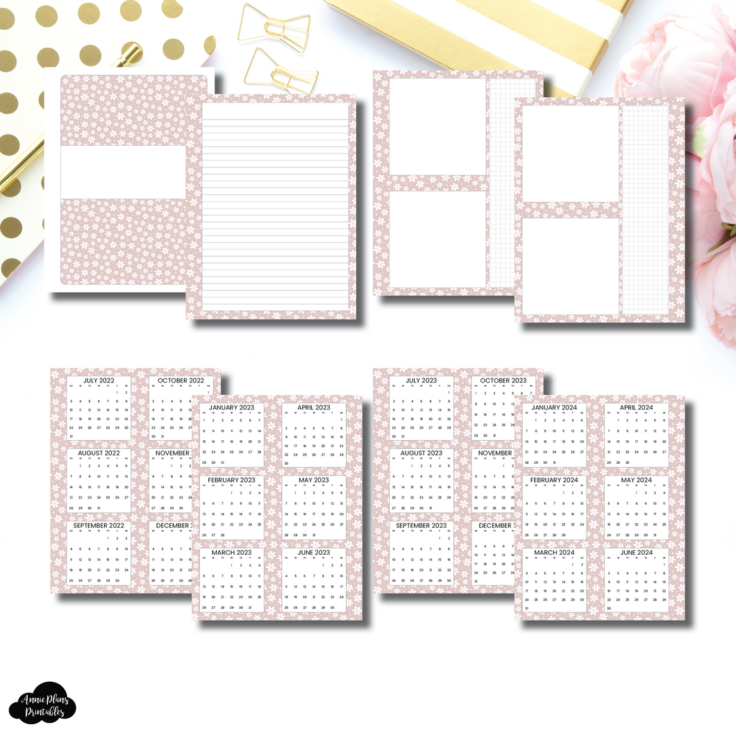 B6 Rings Size | Cute Blooms 3 in 1: 2022 - 2024 Academic Yearly Overviews + Sticky Note Dashboard + Lined Printable Insert