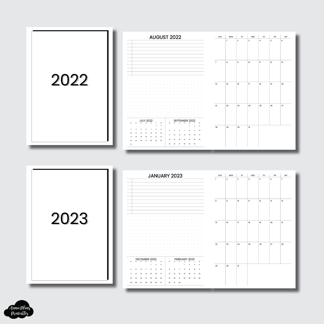 B6 TN Size | 2022 & 2023 Important Dates & Notes With Monthly Calendar (SUNDAY Start) PRINTABLE INSERT