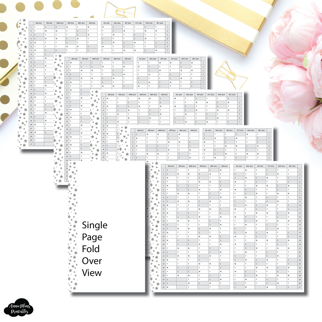 A6 Rings Size | 2022 - 2026 Star Border Single Page Year at a Glance Printable Insert