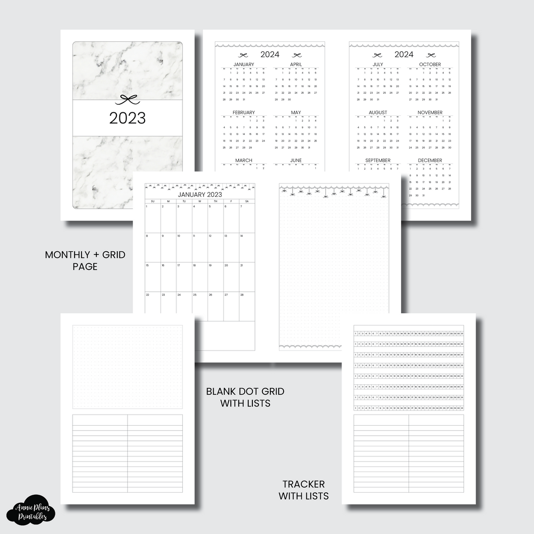 A5 Wide Rings Size | 2023 Bow Monthly + Grid With Additional Pages Printable Insert