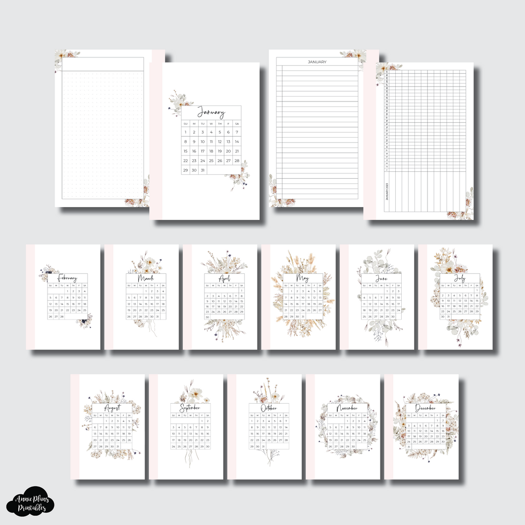 A6 AE x APP Size | 2023 Floral Monthly Dashboards Printable Insert