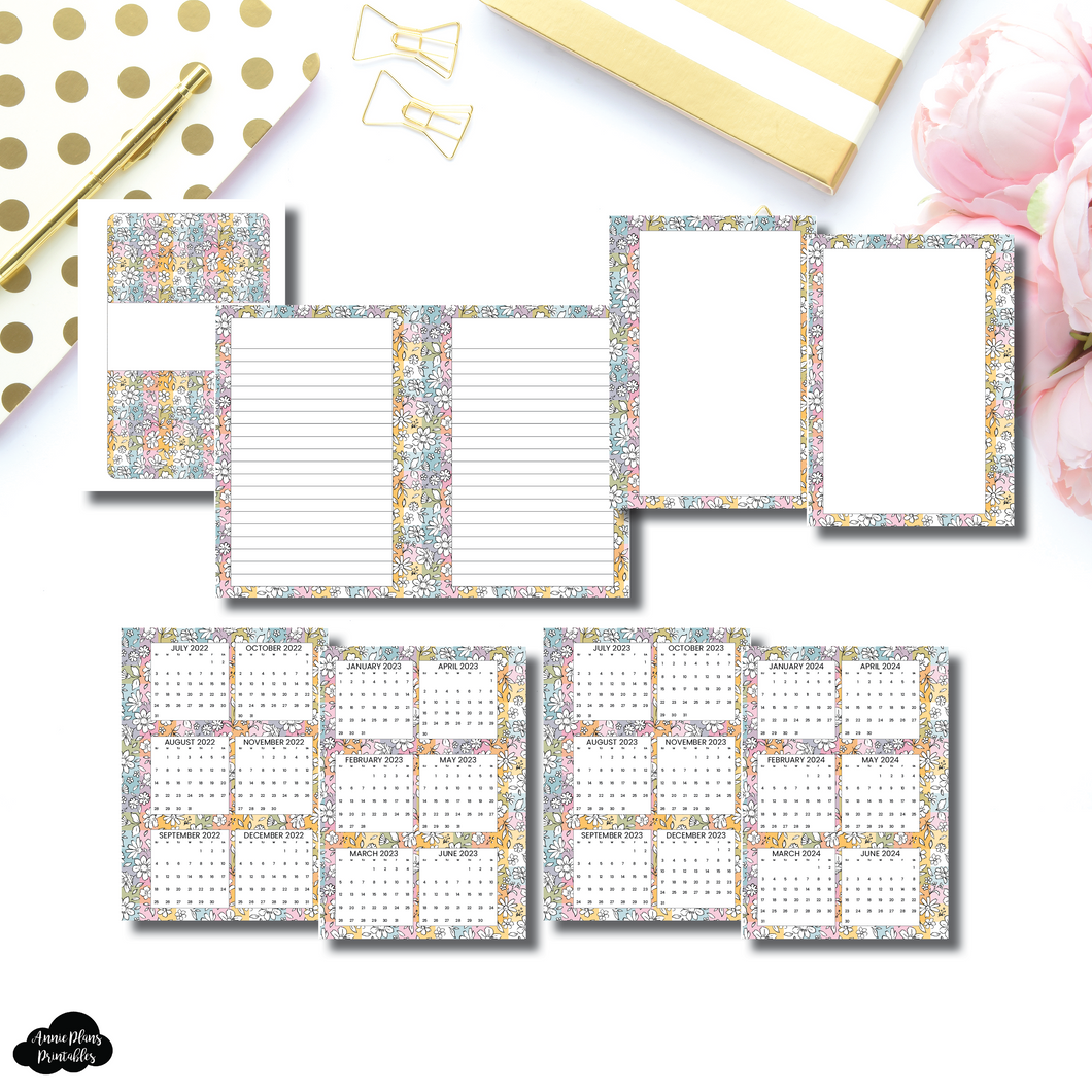 Pocket Plus Rings Size | Floral Rainbow Plaid 3 in 1: 2022 - 2024 Academic Yearly Overviews + Sticky Note Dashboard + Lined Printable Insert