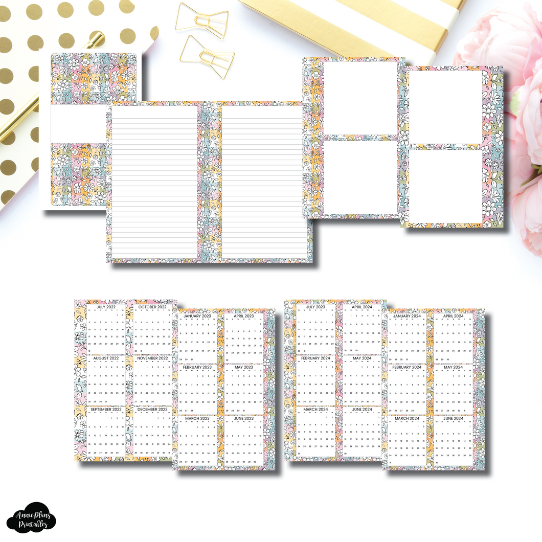 FC Rings Size | Floral Rainbow Plaid 3 in 1: 2022 - 2024 Academic Yearly Overviews + Sticky Note Dashboard + Lined Printable Insert