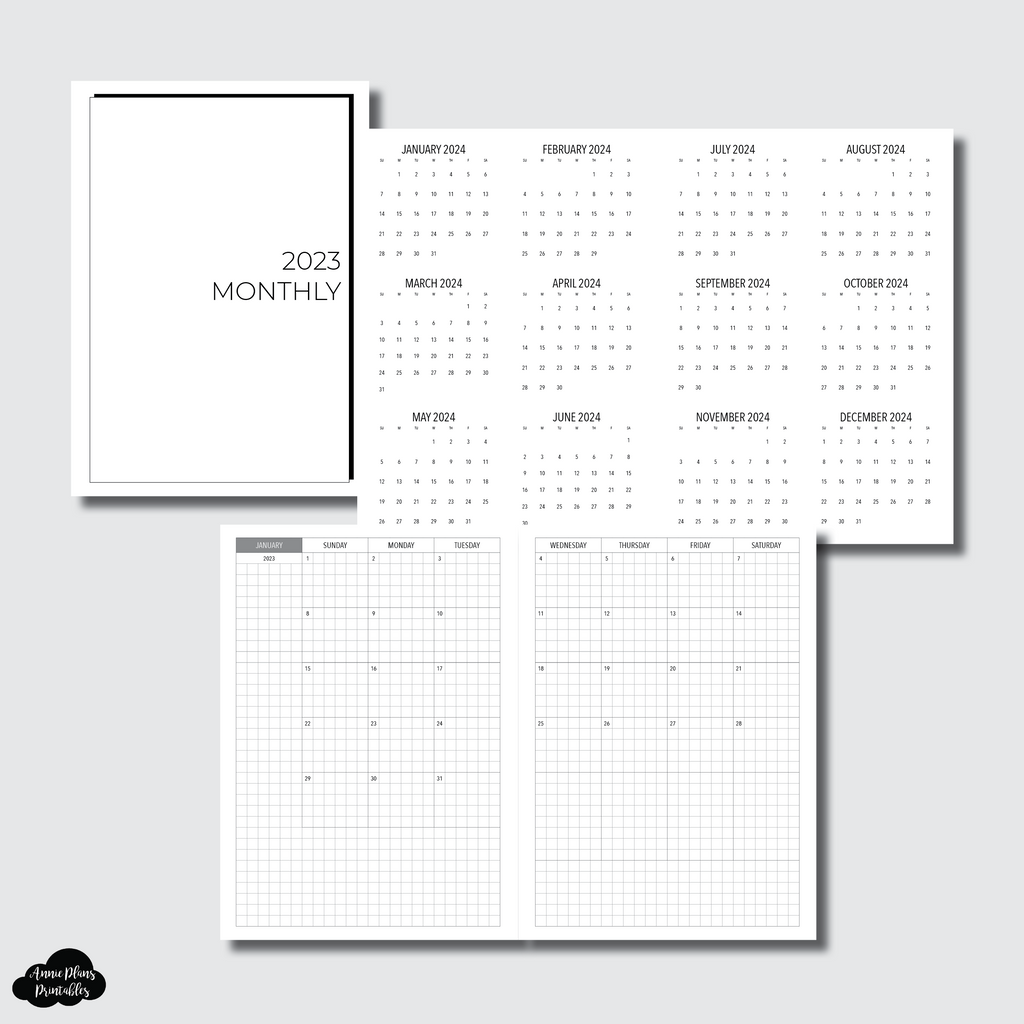 A6 TN Size | 2023 GRID Monthly Calendar (SUNDAY Start) PRINTABLE INSER ...