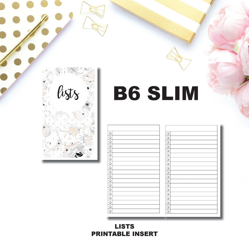 B6 Slim TN Size | Lists | Printable Travelers Notebook Insert ©