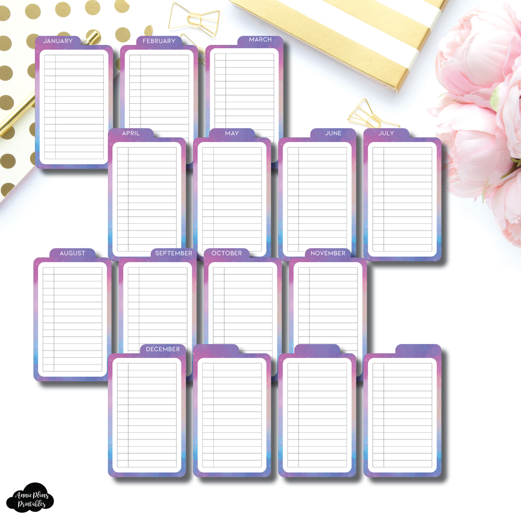 Tab. Card Example Tab Cards | VERTICAL Monthly List Vibrant Watercolor Tab Card Printabl ...