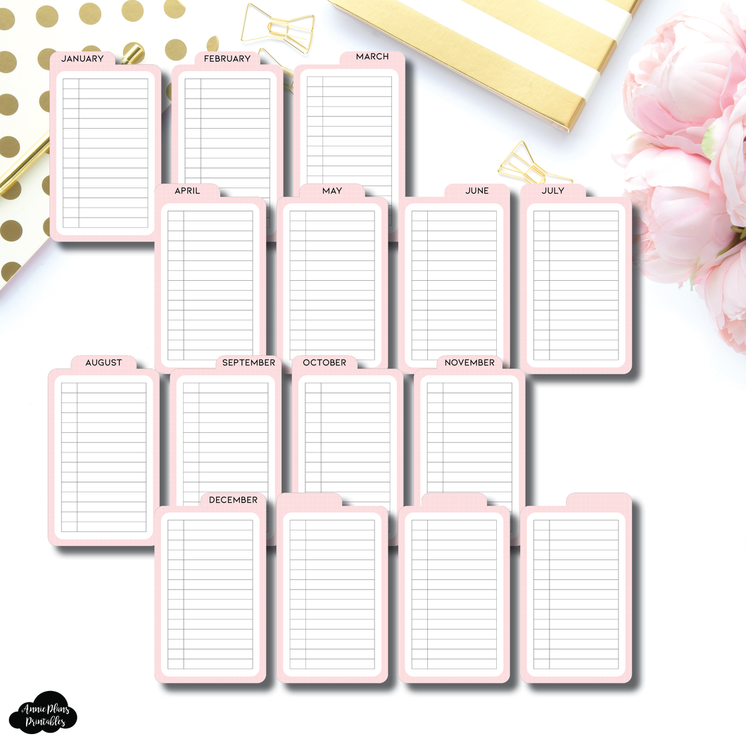 Tab Cards | VERTICAL Monthly List Pink Grid Tab Card Printable